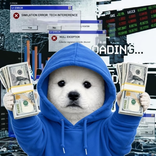 The $HTTP mascot: a puppy in a bright blue hoodie holding up two stacks of hundred dollar bills.